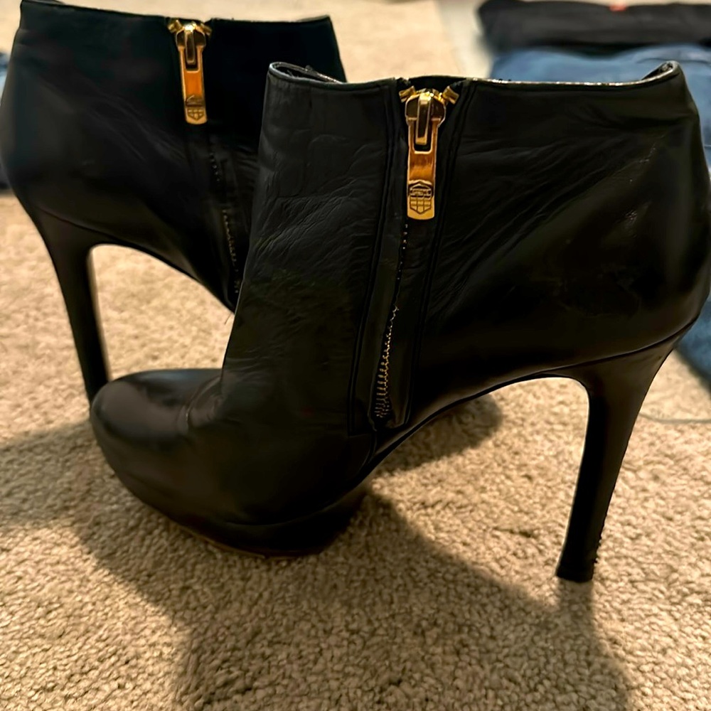 Black leather zip booties - Vince Camuto size 7.5 6 inch heel.